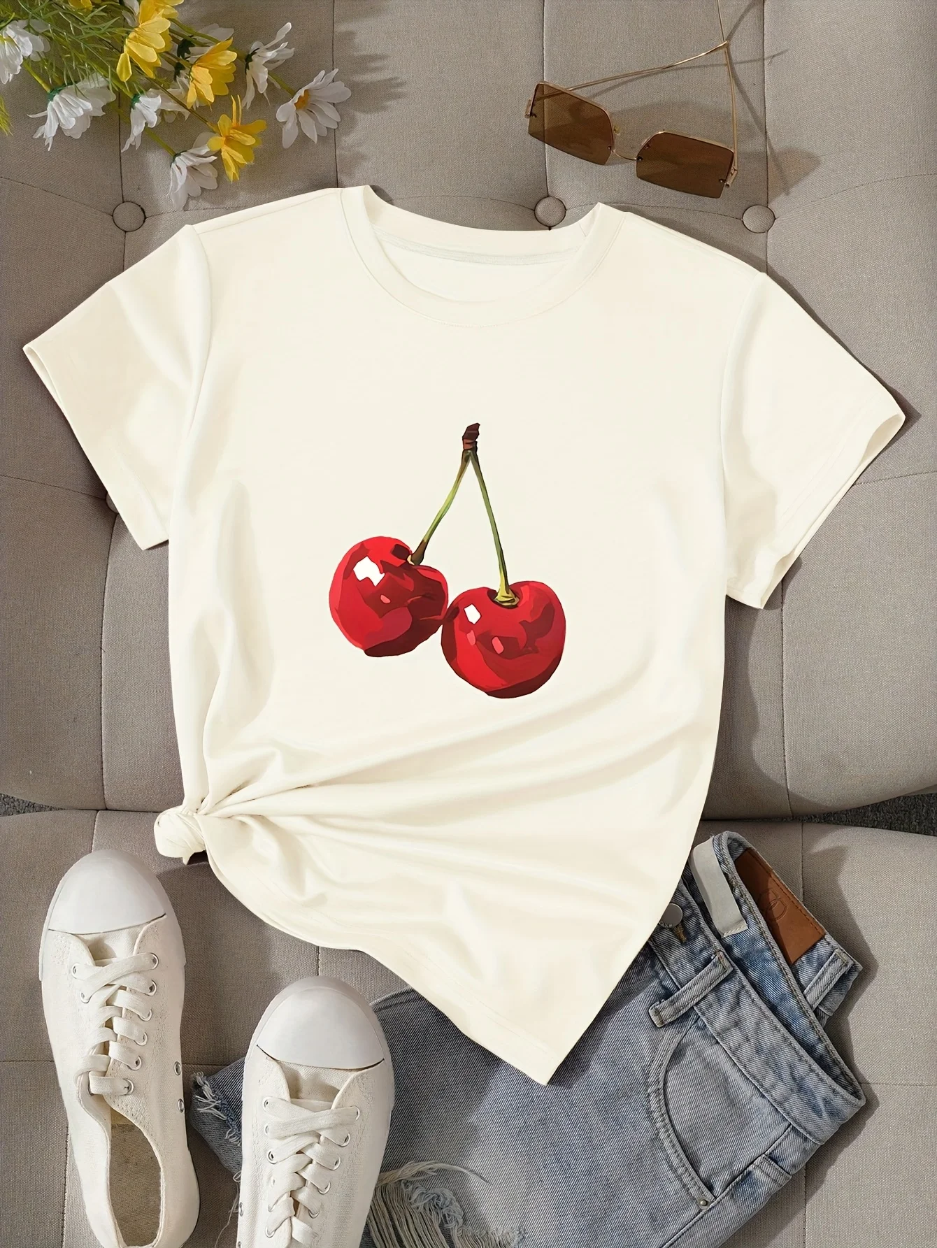 Cherry Printed Women's T-shirt Casual Crew Neck Top Summer Spring Women's Clothing Harajuku Short Sleeve Casual Women's Clothing