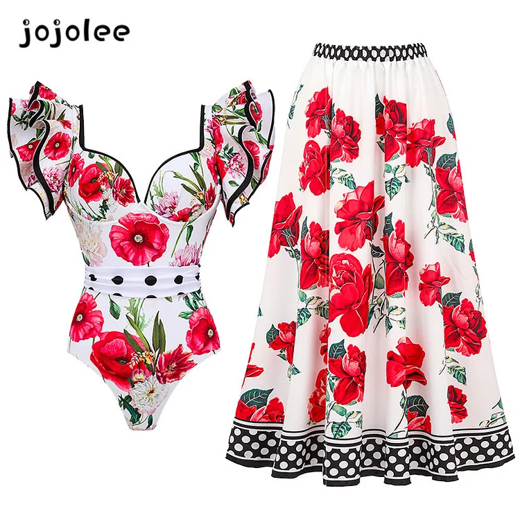 2024 New Hot Spring Sexy One-piece Swimsuit Women's Print Swimsuit Wrap Skirt Set Swimsuit 2024 Women bikinis bikinis set