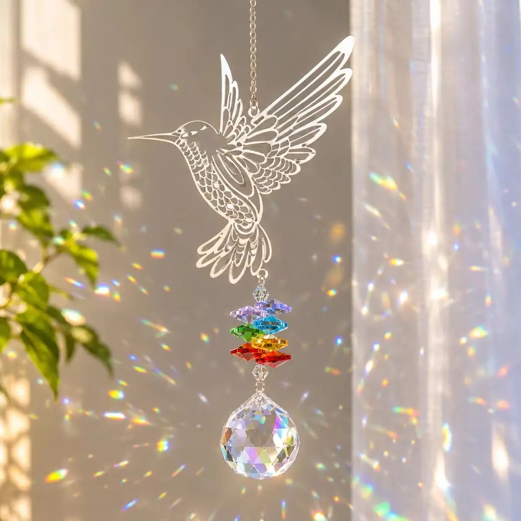 Hummingbird Chakra Crystal Sun Catcher, Rainbow Prism Hanging Suncatcher Pendant, Window Home Garden Decor Spiritual Gift