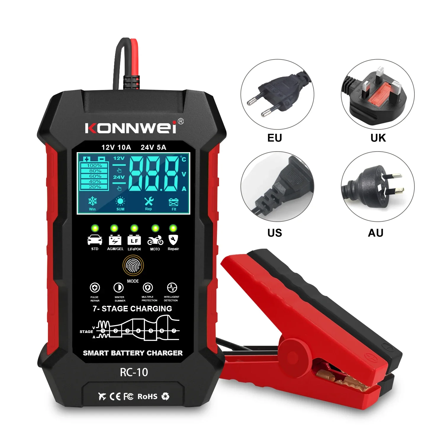 KONNWEI RC10 Car Charger Tools Battery Charger Battery Pulse Repair Tool  Moto Battery Charger 12-24V 5A 10A Emergency Tool A+++