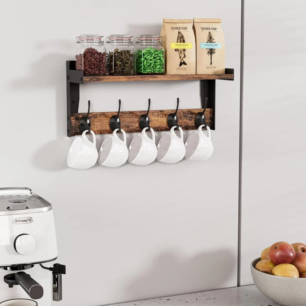 Ganchos de parede com prateleira, cabide de madeira com prateleira de parede, prateleiras suspensas de entrada com 5 ganchos de metal para roupas, chapéus towe
