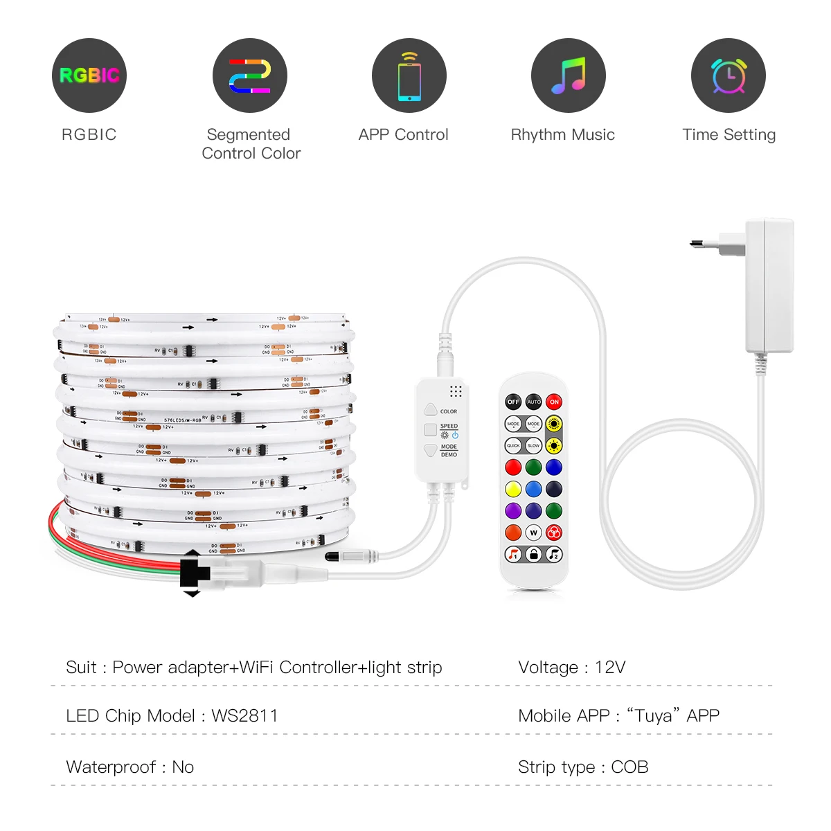 Tuya Smart WiFi COB LED Strip Light Addressable WS2811 IC RGBIC Chasing Neon Tape Ambient Lamp Alexa Google Home Game Room Decor