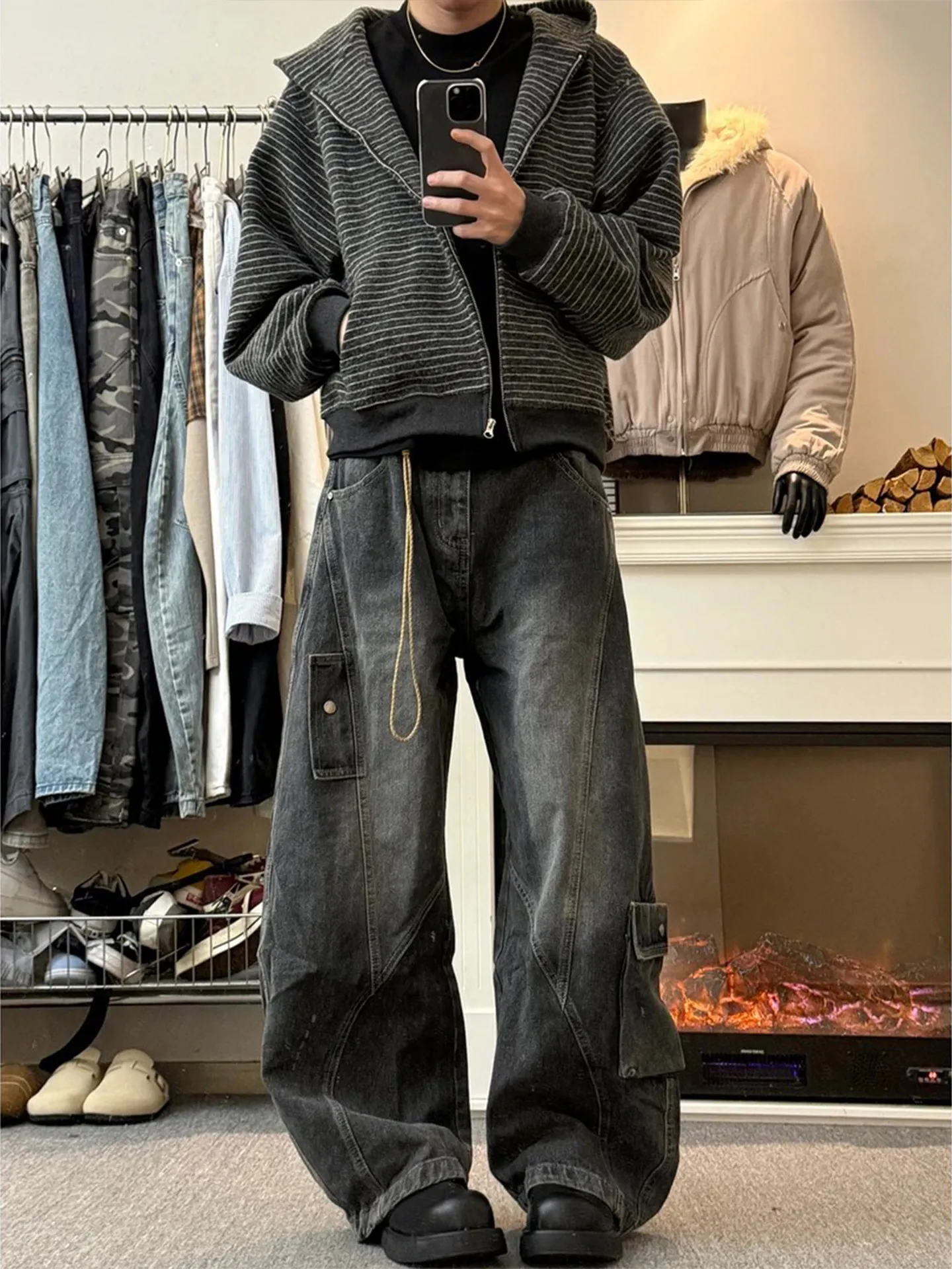 

American Style Vintage Knife Wide Leg Loose Fit Workwear Jeans for Men Spring Autumn Multi Pocket Straight Loose Trousers