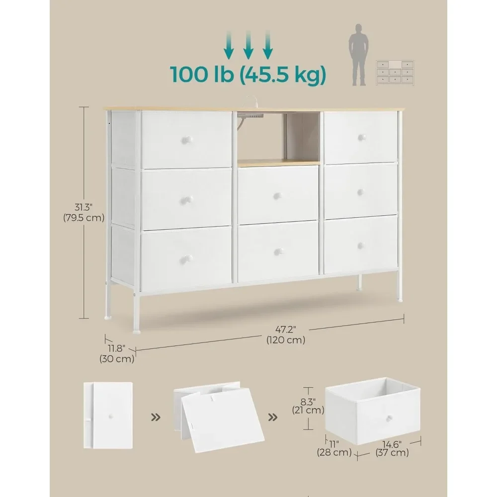 Cômoda para quarto, cômoda de tecido com tomadas de energia e luzes LED, suporte de TV para TVs de até 60 polegadas, 25 cores, 11,8x47,2x31,3 polegadas