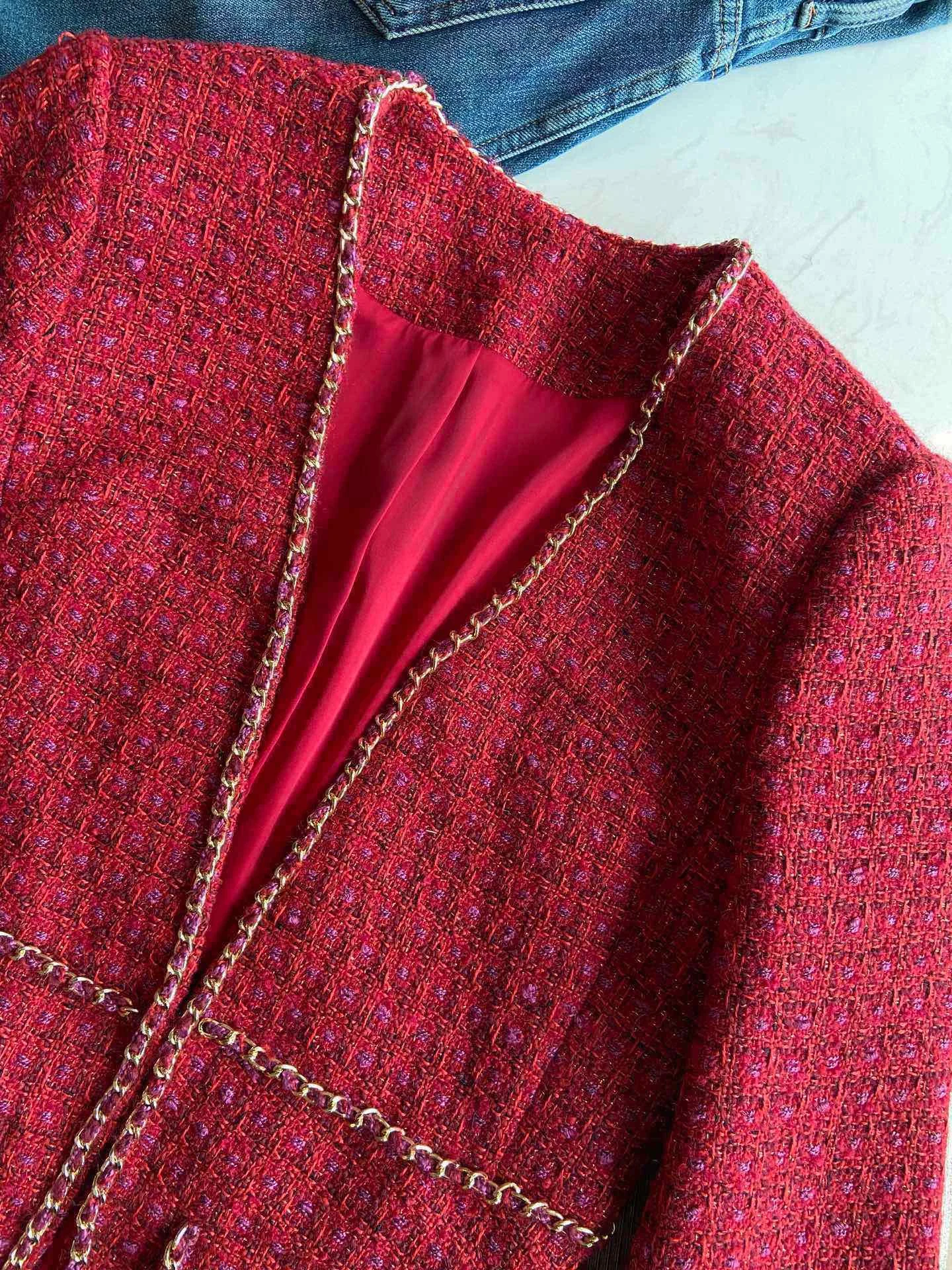 EVACANDIS Women New Wool Blended Red Coat Tunic Chain Elegant Solid Vintage Autumn Winter Office Lady Outwear Runway Designer