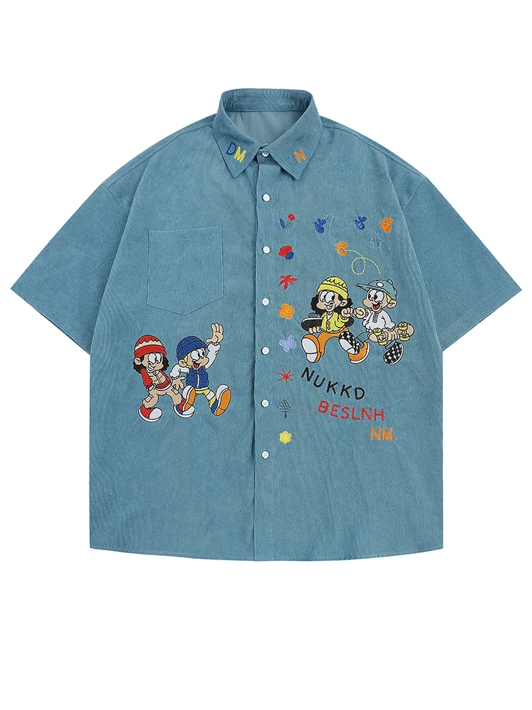 Sycpman American Funny Cartoon Embroidery Corduroy Short Sleeve Shirt Men and Women Loose Shirts Streetwear Designer Clothes