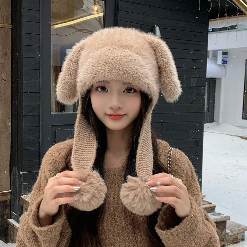 Fluffy Texture Bunny Ear Beanie Knit Material Warm Lining Earflap Pom Pom Hat Slouchy Style Pom Pom Detail Knit Winter Hat
