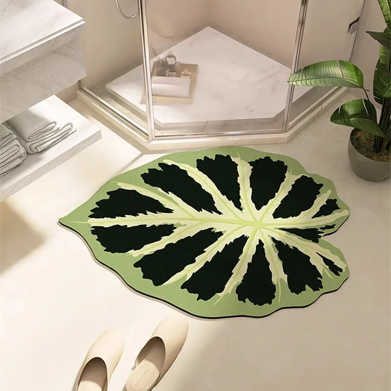 Modern Floral Door Mat Green Plant Bathroom Floor Mat, Bathroom Absorbent Floor Mat Household Irregular Door Mat Area Rug