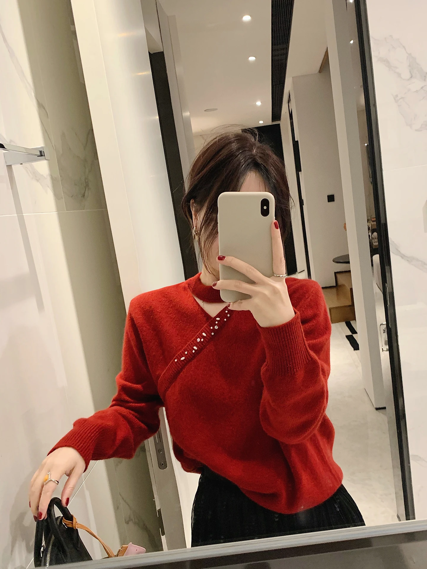 

Misslady Sli Retro Beaded Hollow out Wool Blend Knitwear Slim Fit Women's Top Early Spring New Sle Soft Long Sve rou...