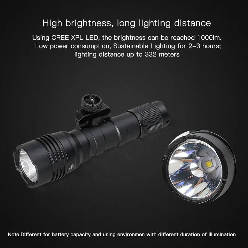 1000 Lumens Tactical Flashlight with Remote Pressure Switch High Power LED Rifle Weapon Light for 20mm Picatinny Rail