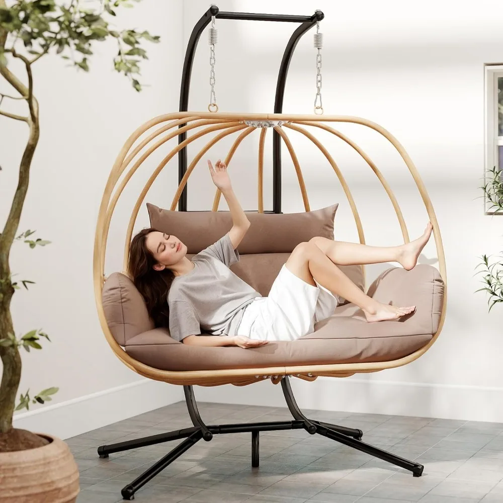 

Outdoor Oversized Double Egg Chair with Stand, Durable Round Hanging Loveseat Swing
