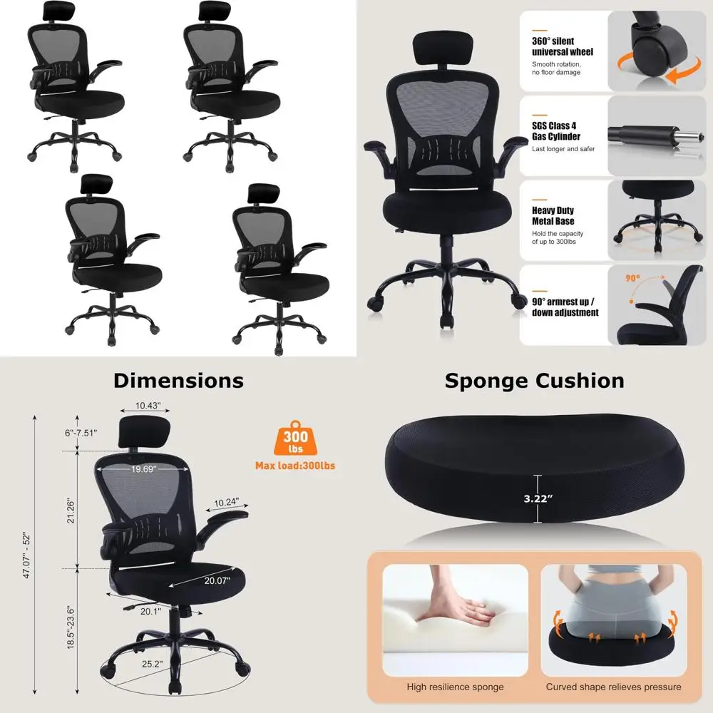 Silla de oficina ergonómica de altura ajustable con ruedas, soporte lumbar, giratoria de malla para uso cómodo en el hogar y la computadora en la oficina