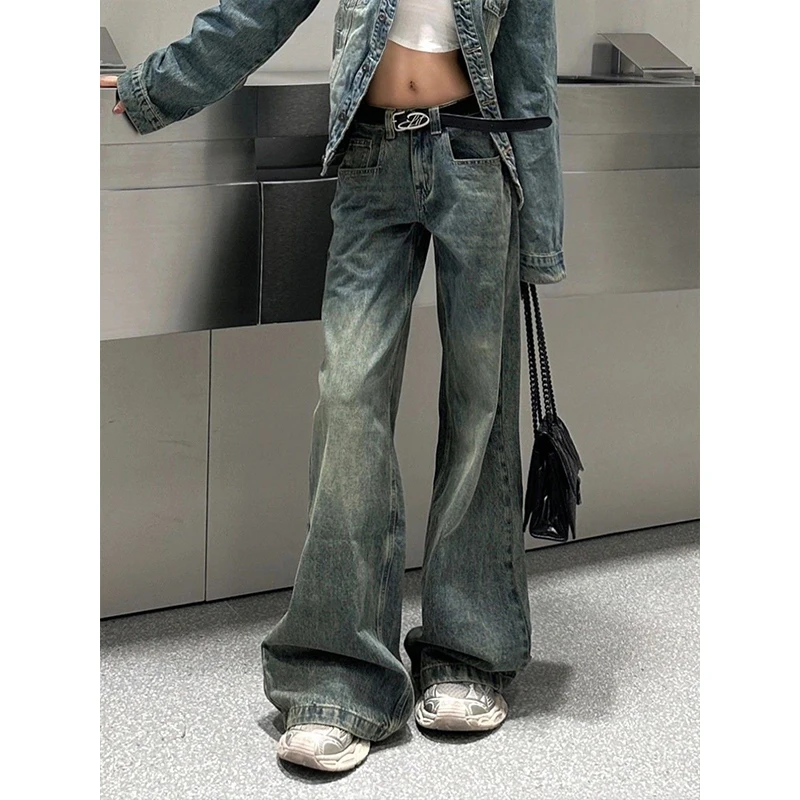 

Летние женские винтажные синие джинсы 2026 года в стиле Y2K, уличные джинсовые брюки, расклешенные брюки в стиле 2000-х и 90-х годов, американские ретро-брюки