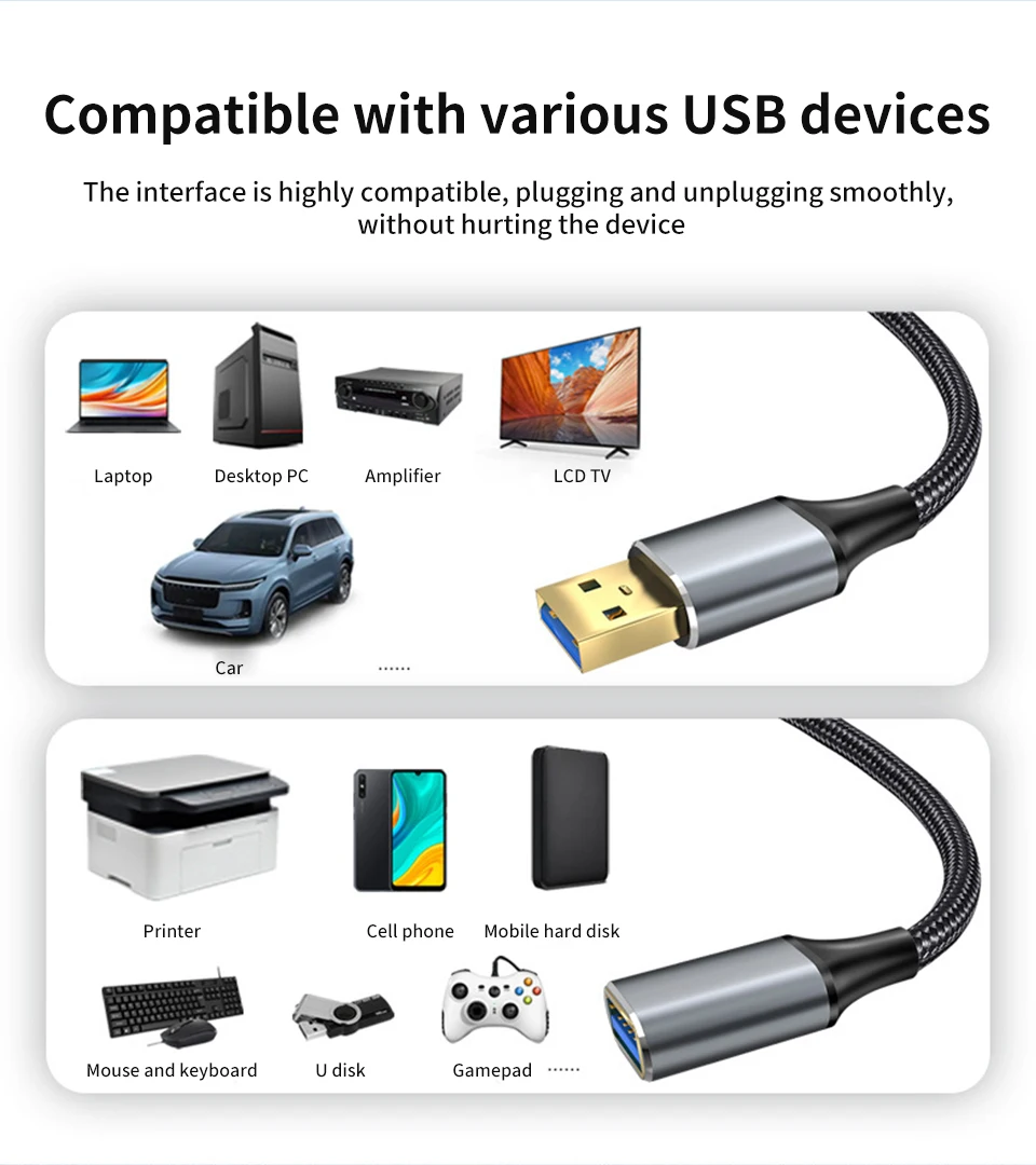 Gelbes USB-Verlängerungskabel, USB 3.0-Kabel, Stecker auf Buchse, Verlängerungskabel für Smart TV, PS4, PS3, Xbox One SSD, Laptop-Verlängerungskabel – Detail 3