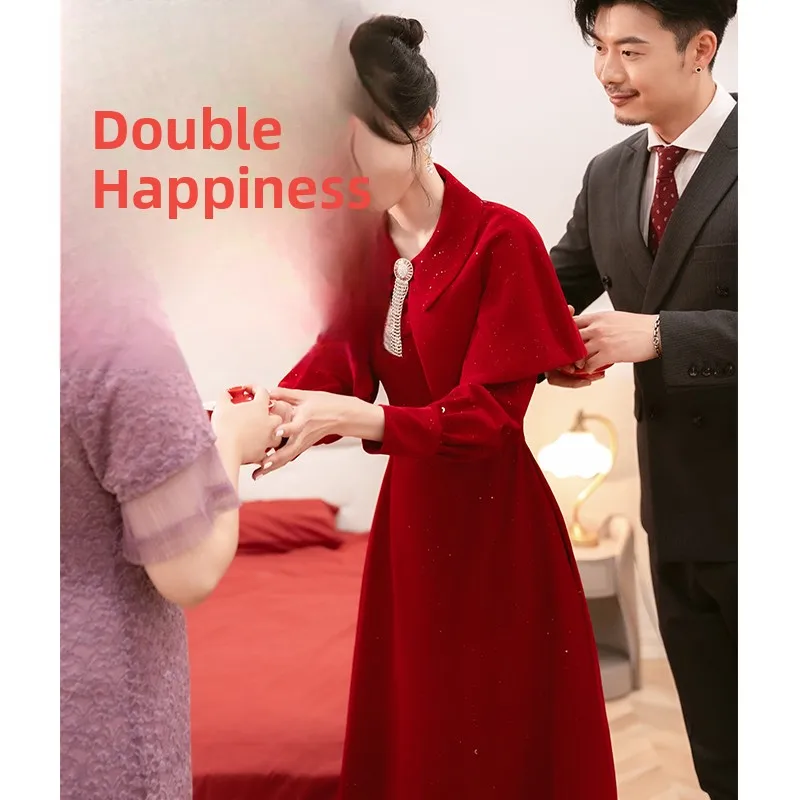 

Red awl Long Sve Wedding Dr Ele Evening Gown for Engagement And Wedding Ceremony Korean Sle Floor Length Dr