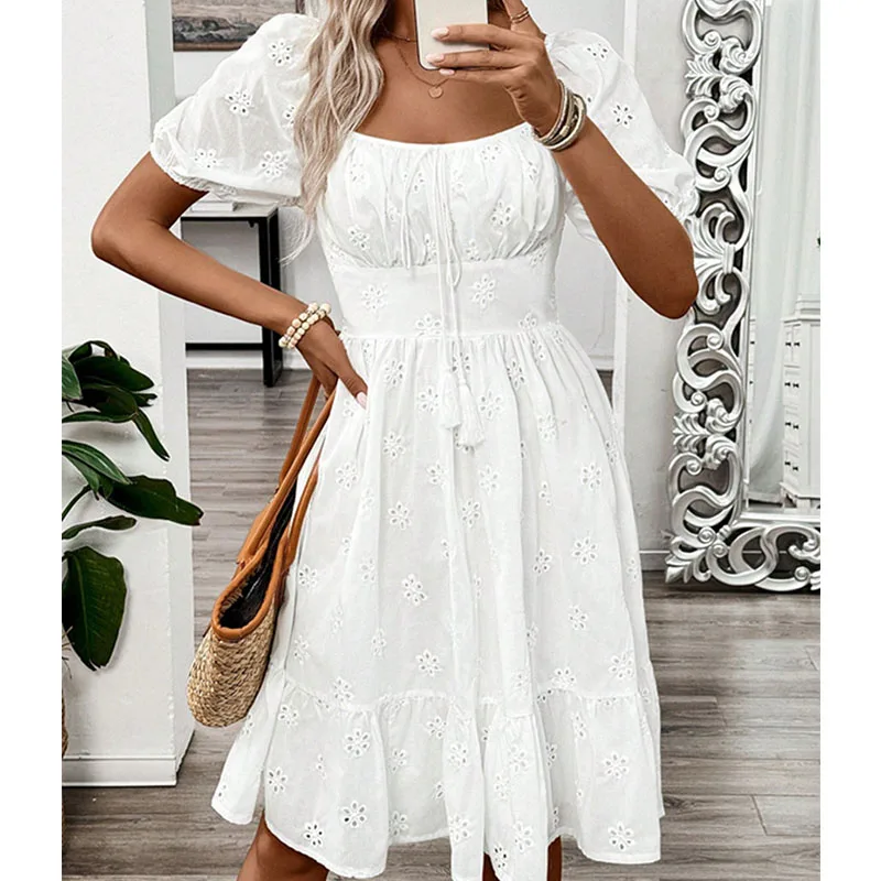 우아한 여성 여름 미니 드레스 섹시한 흰색 스퀘어 칼라 허리 Cinched Beach Sundress Boho Hollow Flower 반팔 드레스