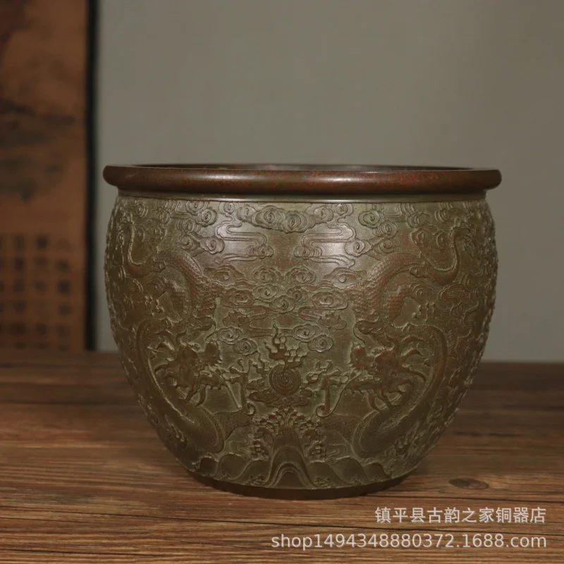Pure Fine Jujube Red Skin Dragon Pattern Copper Rice Cylinder Ornament Office Living Room