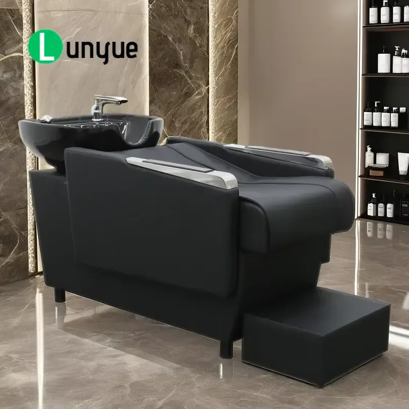 Modern Shampoo Chair with PU Leather and Ceramic Basin Black Wash Unit for Hairdressing Barber Shop Beauty Spa