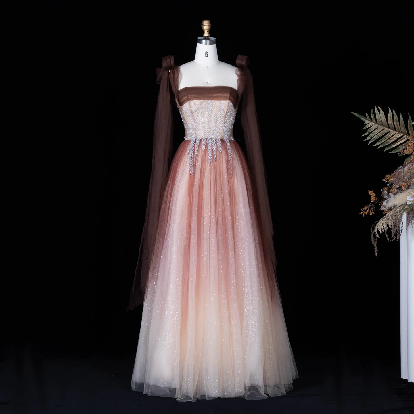 Sharon Said Off Shoulder Evening Dress A Line Gradient Brown Beaded Bow Formal Tulle Prom Party Gowns SL011 Customized
