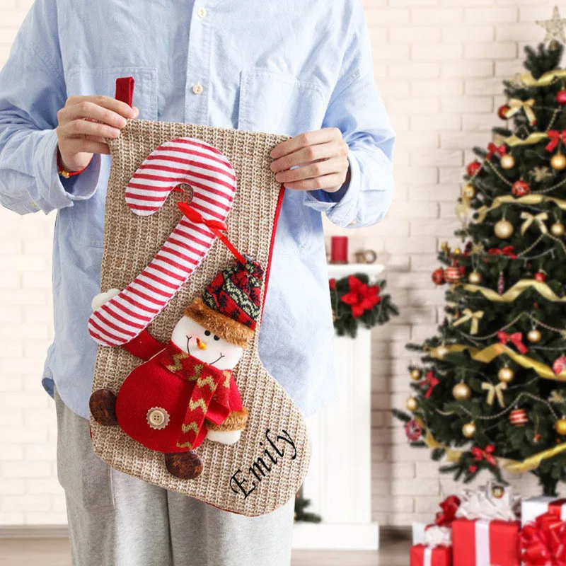 

Personalised Christmas Stocking Traditional Santa Snowman and Reindeer Design, Custom Name Large Stocking for Family Gift Bags