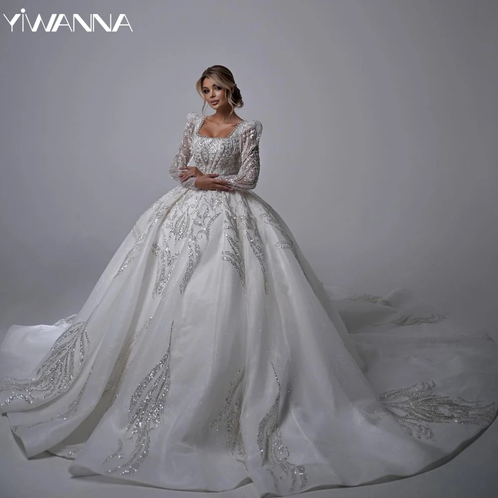 Lindo vestido de noiva com pérolas e cauda, decote quadrado, manga bufante, vestido de noiva 2025, vestidos de organza personalizados para noiva