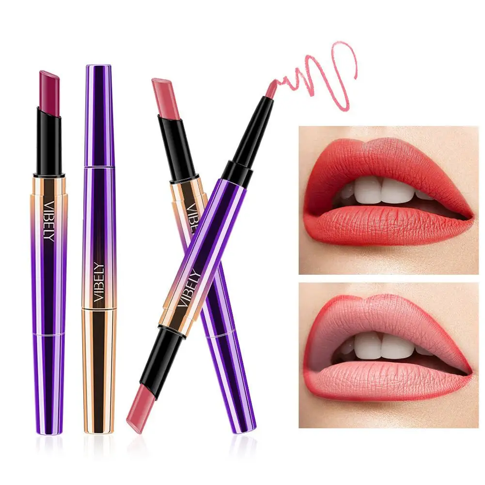 2In1 Double Head Matte Velvet Lipstick Pencil &Lip Liner Makeup Lasting Cosmetics Long Waterproof Z4G9