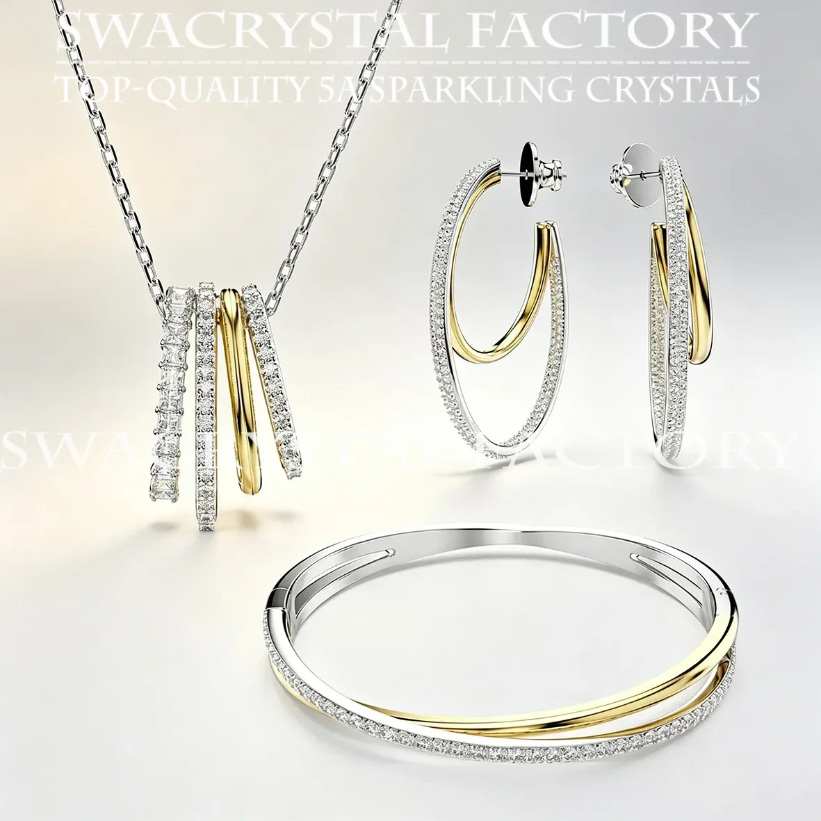 Hyperbola Two-tone CZ Jewelry Set for Women Intertwined Paved Luxury Necklace Hoop Earrings Bangle Ring Elegant Anniversary Gift