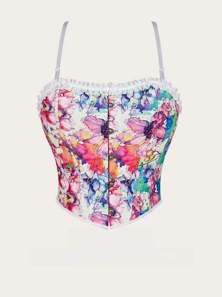 

Lena Retro Oil Painting Sle Print Fibone Waist Cinching apewear ort Strap Vest Sweet Sle Polyester Blend Zipper Clo...