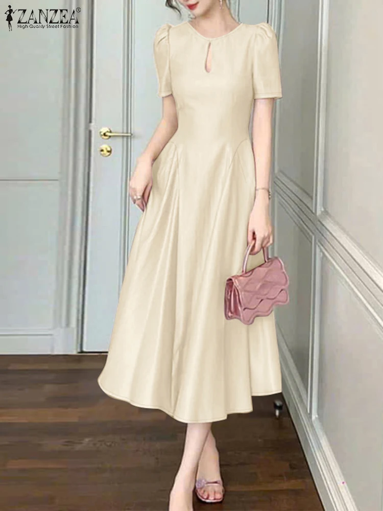 

ZANZEA Glossy Satin Short Puff Sleeve Midi Robes Femme Elegant Fitted Waist Womens Fashion Keyhole Neck Cocktail Party Dresses