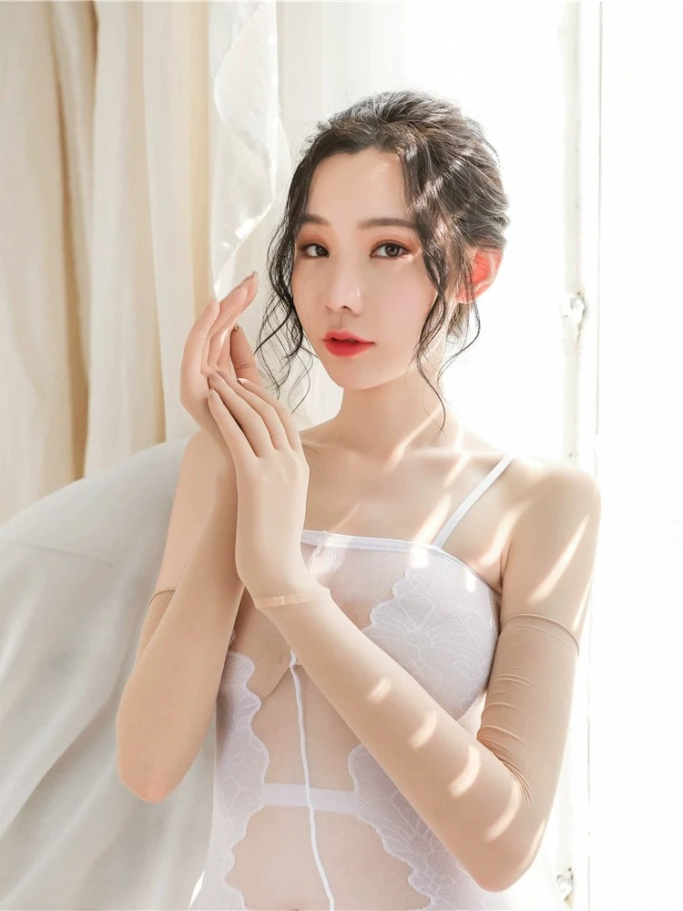 Sexy High Thin Transparent Hollow Breathable Long Gloves Seamless High Elasticity Solid Women Man White Black Stocking Gloves