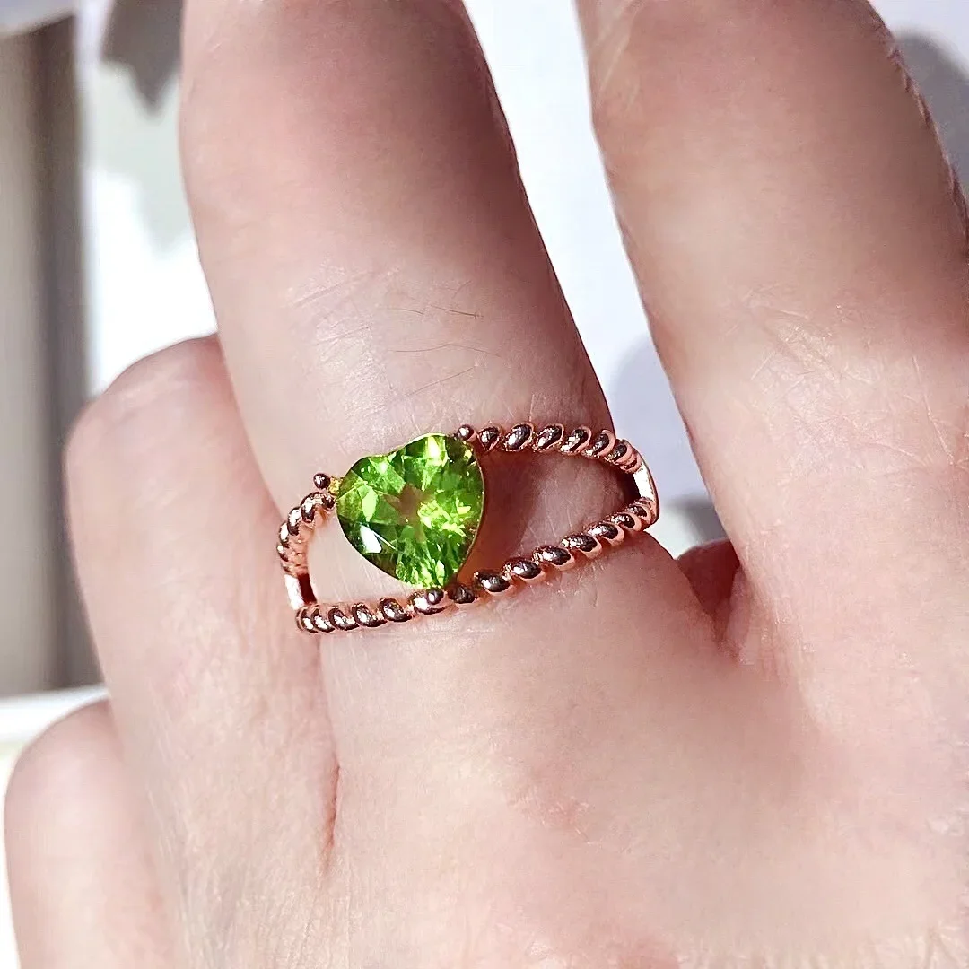 

solid 925 silver romantic heart gemstone ring 7mm 0.7ct VVS grade natural peridot ring 18K gold plating peridot jewelry