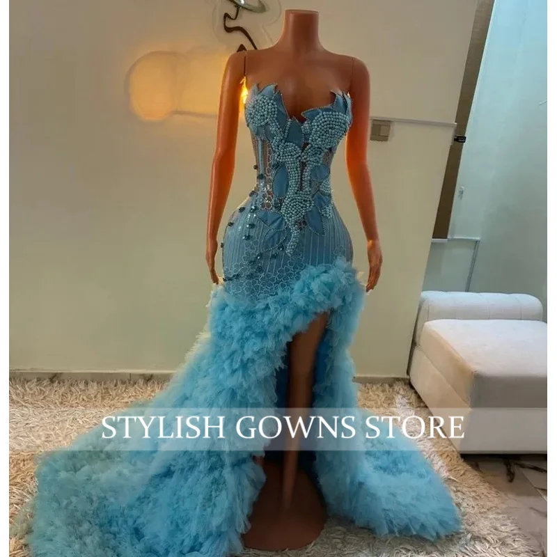

Charming Prom Dresses For Girls 2026 Sky Blue Crystal Pearls Mermaid Split Ruffles Party Dress Evening Dance Gowns Customized