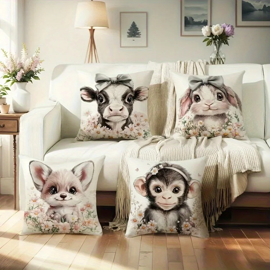 Cute Baby Farm Animal Throw Pillow Covers, Adorable Cow Rabbit Fox Monkey with Daisy Print Cushion Cases, Nursery Home Decor