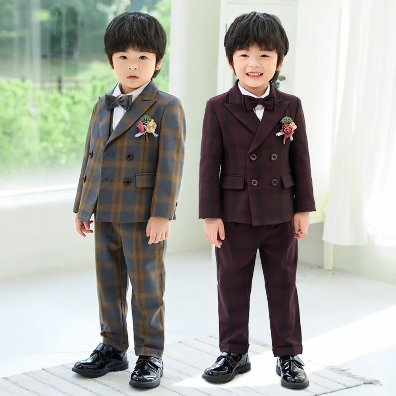 Children's Suit Dress Autumn and Winter Models England Plaid Small Suit Suit Boy's Baby Birthday Flower Boy Performance Clothes