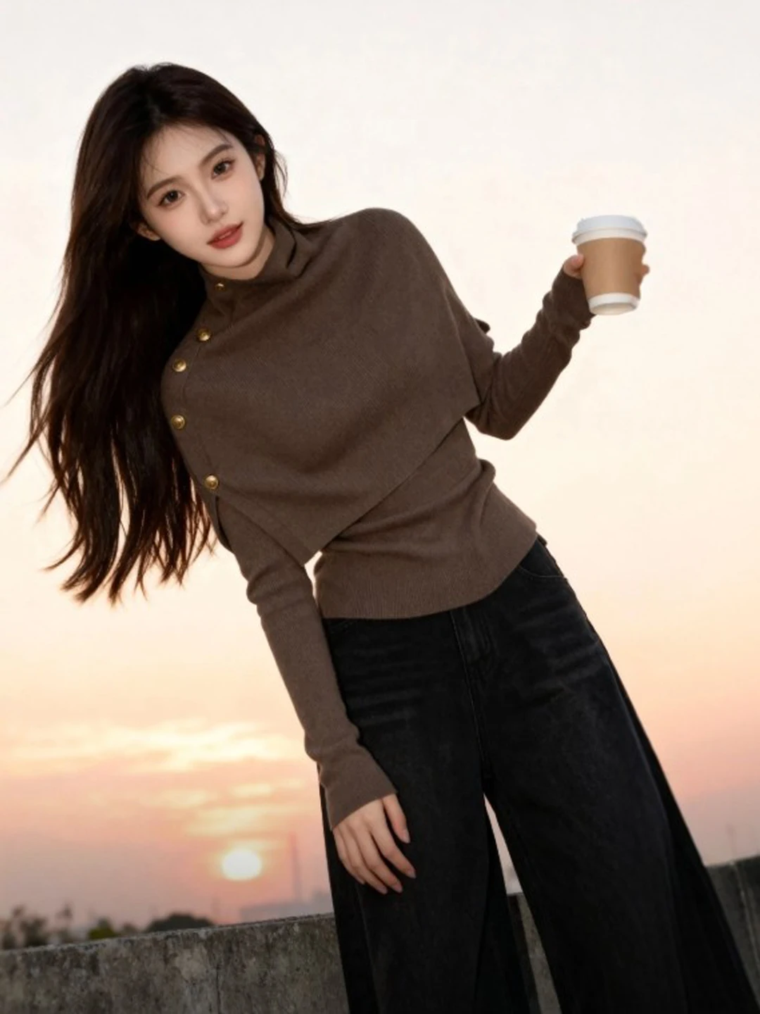 

Retro Gentle Knitted oulder Wrap Asymmetrical Design ular Spring 2026 Women's Long Sve High Collar Color Top