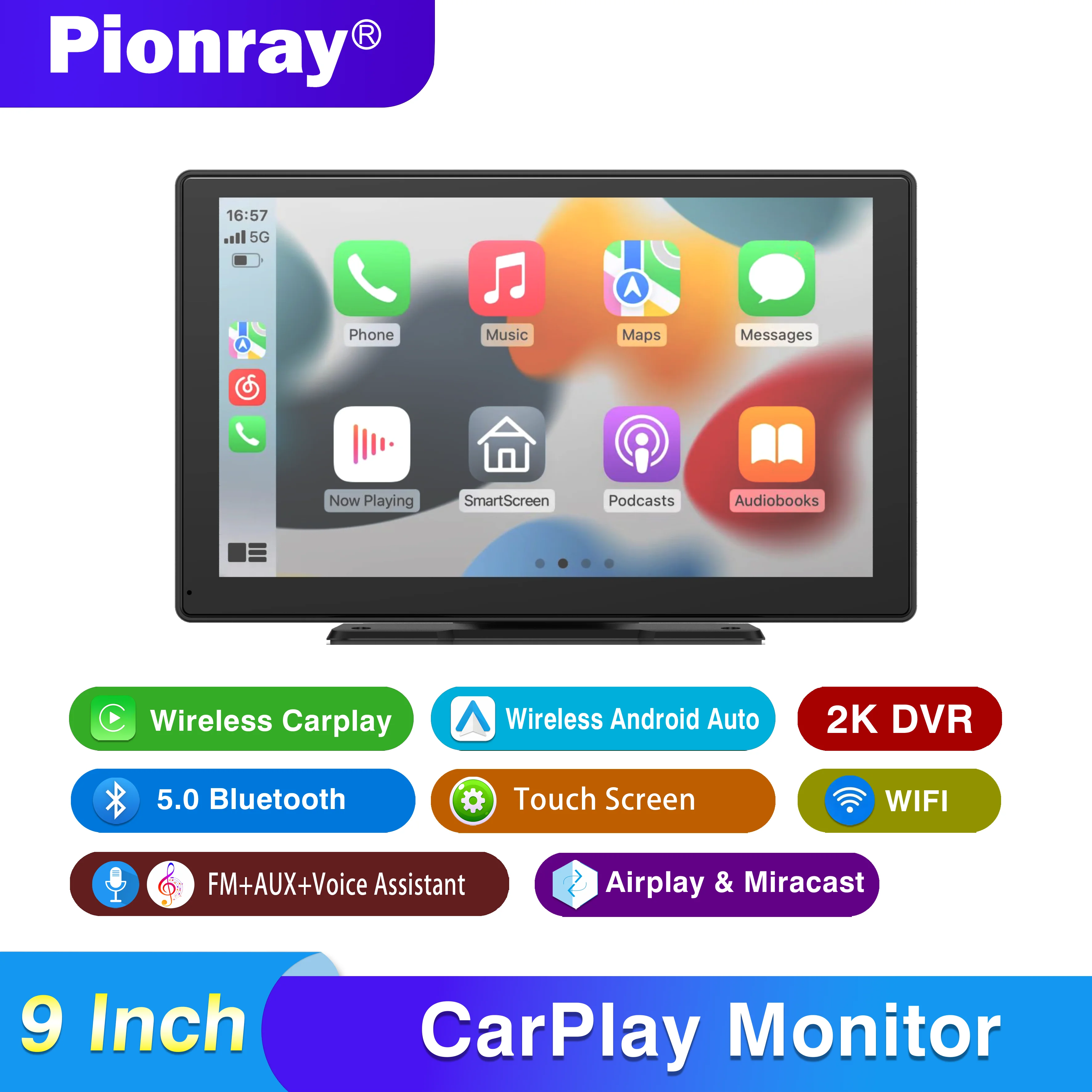 

9-дюймовый беспроводной экран CarPlay для автомобиля, совместимый с CarPlay и Android Auto, портативная автомобильная стереосистема с GPS-навигацией Plug&Play