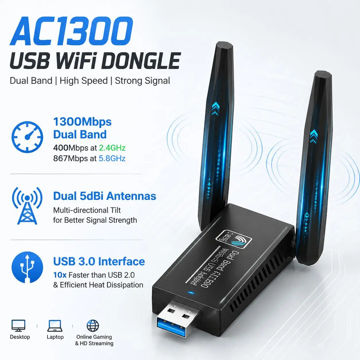 1300Mbps USB 3 0 WiFi Adapter Dual Band 5GHz 2 4GHz High Gain Antenna Long Range Wireless Network Card for PC Laptop Desktop Windows 11 10 8 7 Vista XP AC1300 802 11ac Internet Receiver High Speed WiFi Dongle