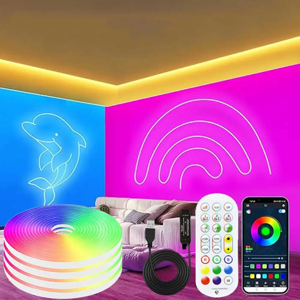 

5V RGB LED Neon Light 6x12mm Flexible Strip Waterproof Silicone Lights 3030 96LED Tuya Wifi Smart Remote Control Dimmable Decor