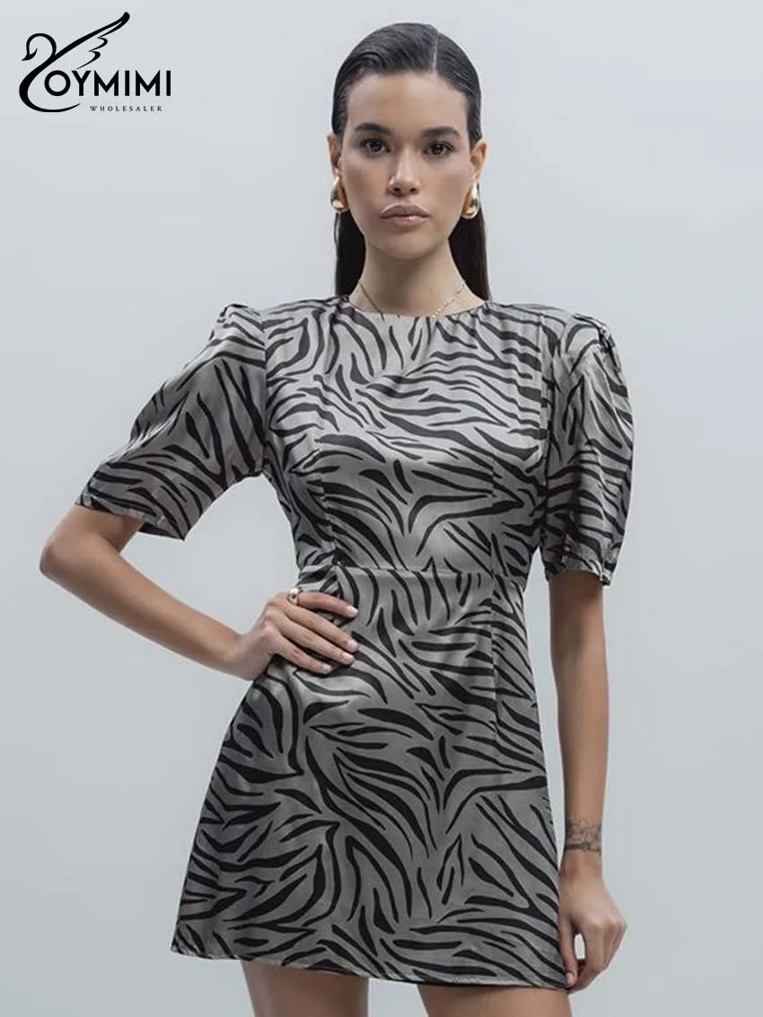

Oymimi Elegant Grey Print Women's Dress Fashion O-Neck Short Sleeve Slim High Waist Dresses Casual New Straight Mini Dresses