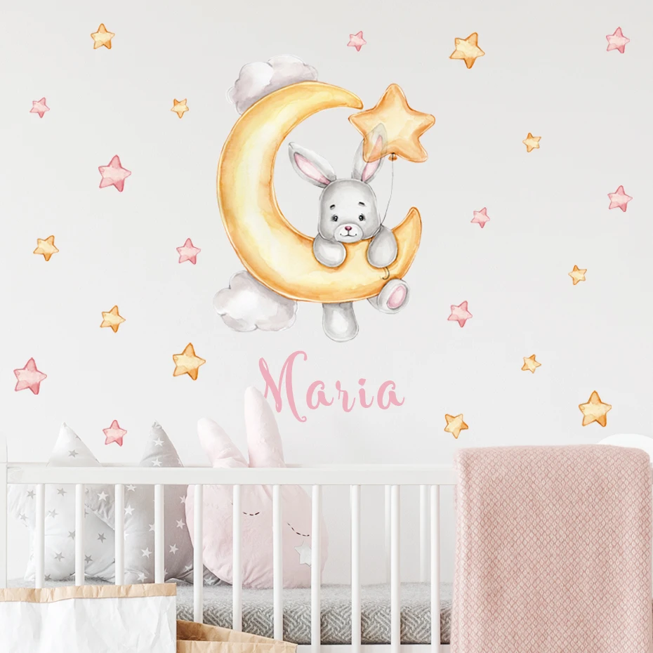 Cartoon Bear Moon Stars Clouds Custom Baby Name Watercolor Nursery Wall Stickers Vinyl Wall Decals Mural Kids Room Home Decor