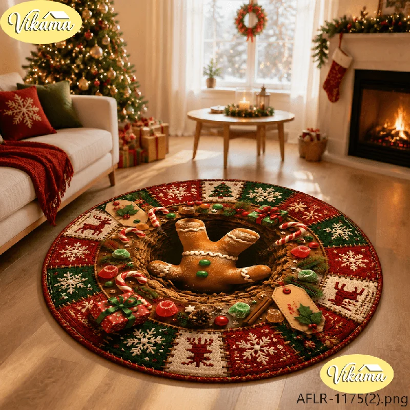 VIKAMA Round Christmas Rug Snowflake Reindeer Gingerbread Print, Soft Plush Flannel at for Living Room Home Holiday Decor