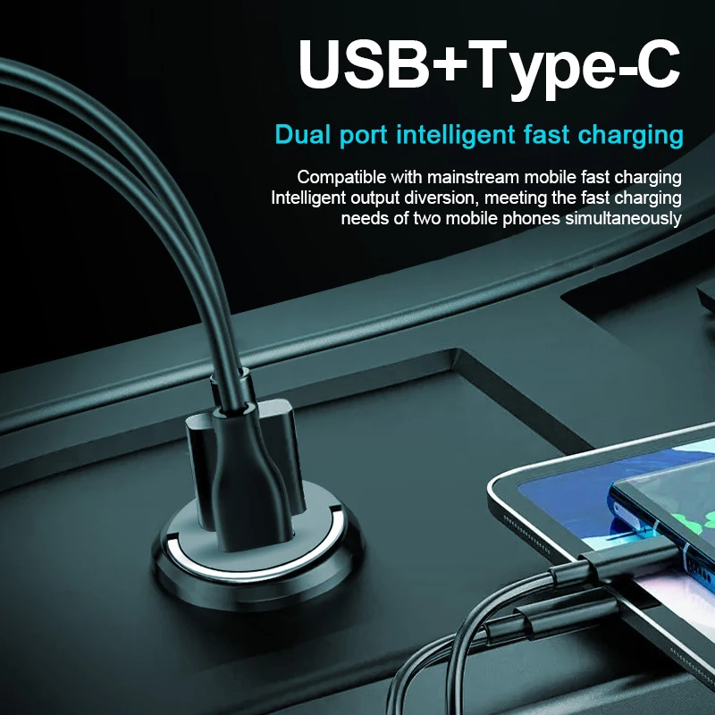 100W Invisible Car Dual Port Mini USB Charger Ultra Fast Charging Phone Charging Adapter Universal Mini Portable Car Charger