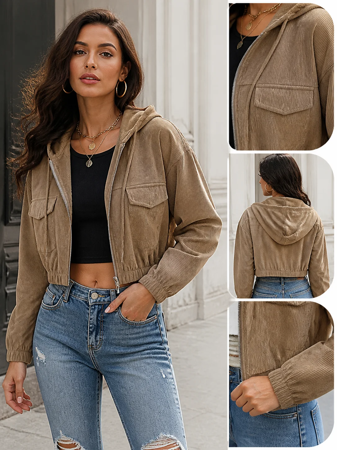 Women’s Cropped Zip Jacket, Hooded Everyday Coat for Street Style and Weekend Wear, Stylish Short Length with Functional Pockets
