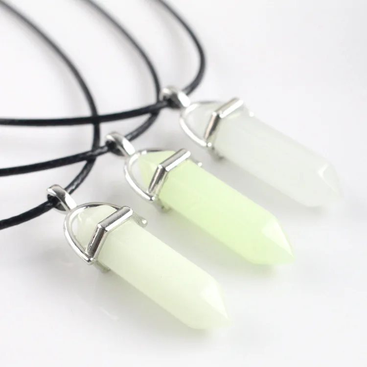 Dark Luminous Stone Fluorescent Hexagonal Column Necklace Natural Crystal Glowing In Bullet Pendant Leather Fashion Jewelry Gift