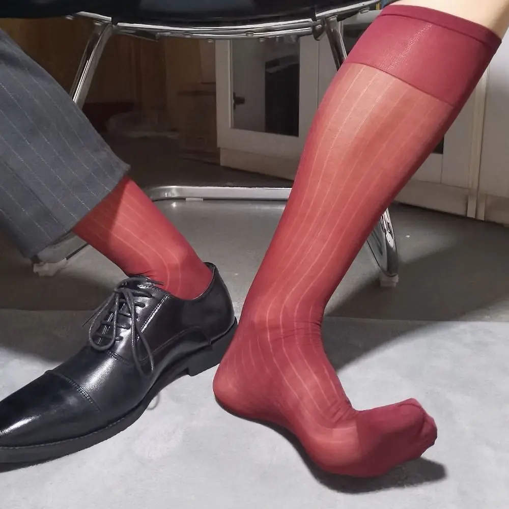 Sheer Men Thin Dress Tube Socks Translucent Middle Tube Solid Color Business Stockings Hosiery Mid-calf Wide Striped Silk Socks