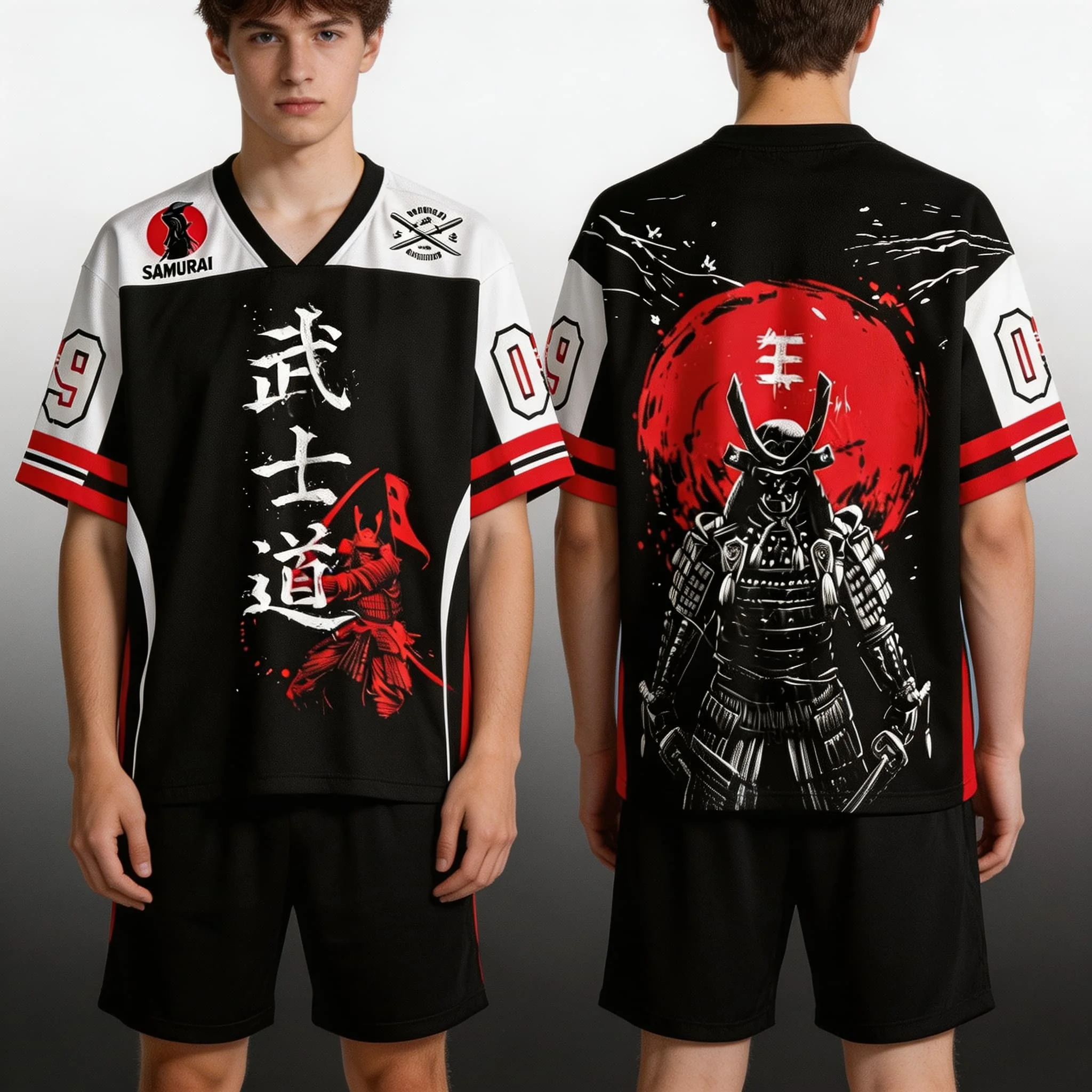 Anime Japanese Bushido Samurai Soccer Jersey Tops Women's Tshirt Unisex Tee Top Vneck Short Sleeve Quick Drying Men's T Shirt