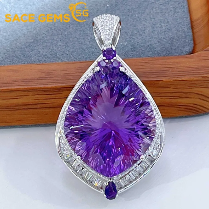 

SACE GEMS S925 Sterling Silver 23*28MM Natual Amethyst Pendant Necklaces for Womne Engagement Cocktail Party Fine Jewelry