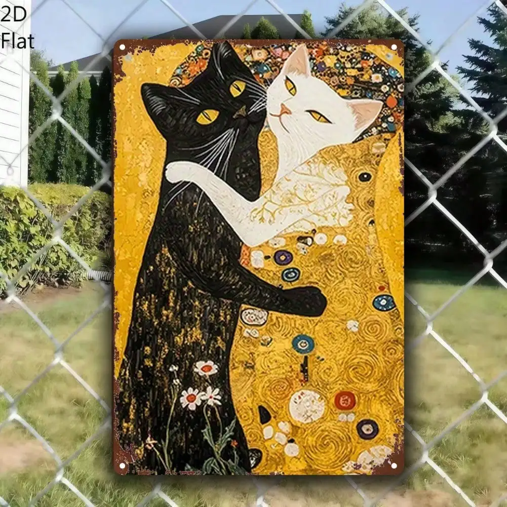 Panneau d'art mural en métal chat noir et blanc Vintage, Plaque en fer rétro 8x12 pouces avec Floral doré