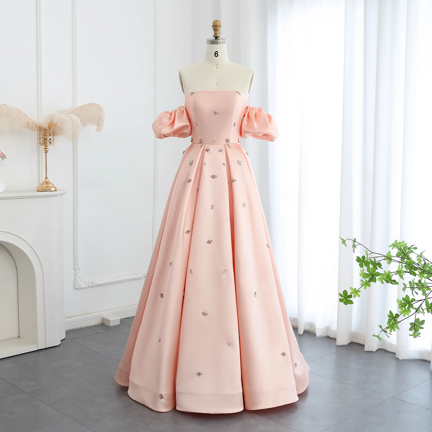 

Sharon Said Elegant Women Blush Pink Satin Evening Dresses with Puffy Sleeves Crystal Wedding Party Gowns SS442 Customized