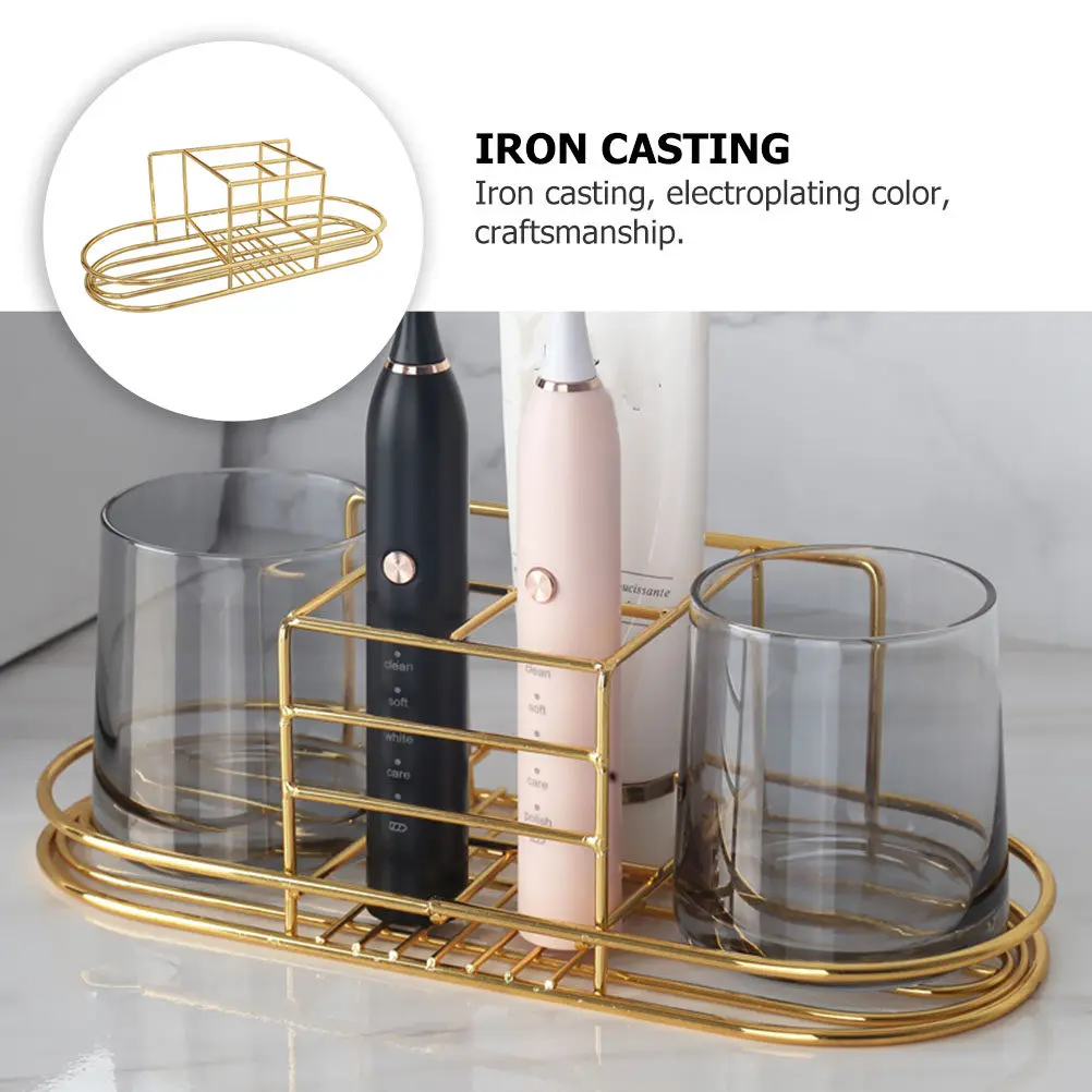 1Pcs Elegant Iron Wall Mounted Toothbrush Rack No Drill Bathroom Organizer Toothbrush Cup Holder Electroplated Shower Shelf